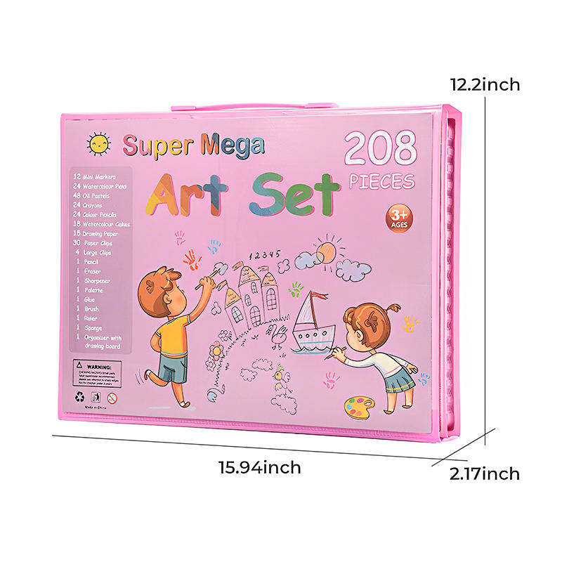 Pink 208-piece art set case shown with dimensions and a side view