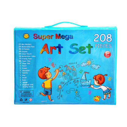 Kids' art set in a blue handled case with 208 pieces and colorful illustrated cover