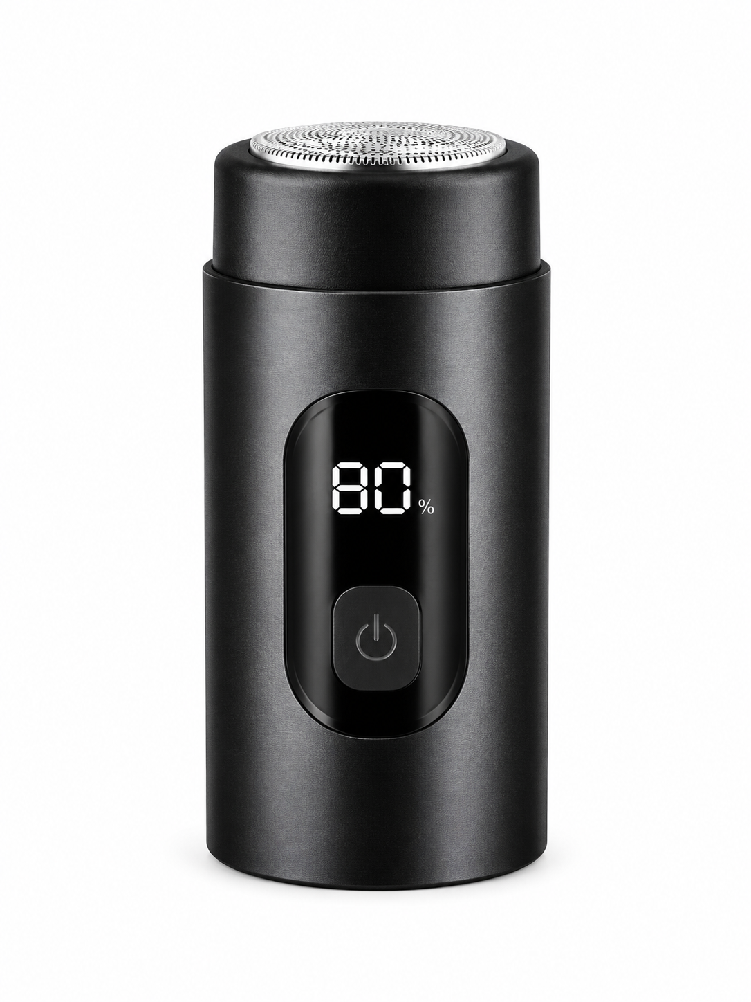 Black pocket shaver with a digital battery display and round foil head