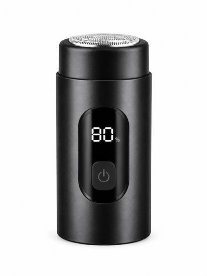 Black pocket shaver with a digital battery display and round foil head