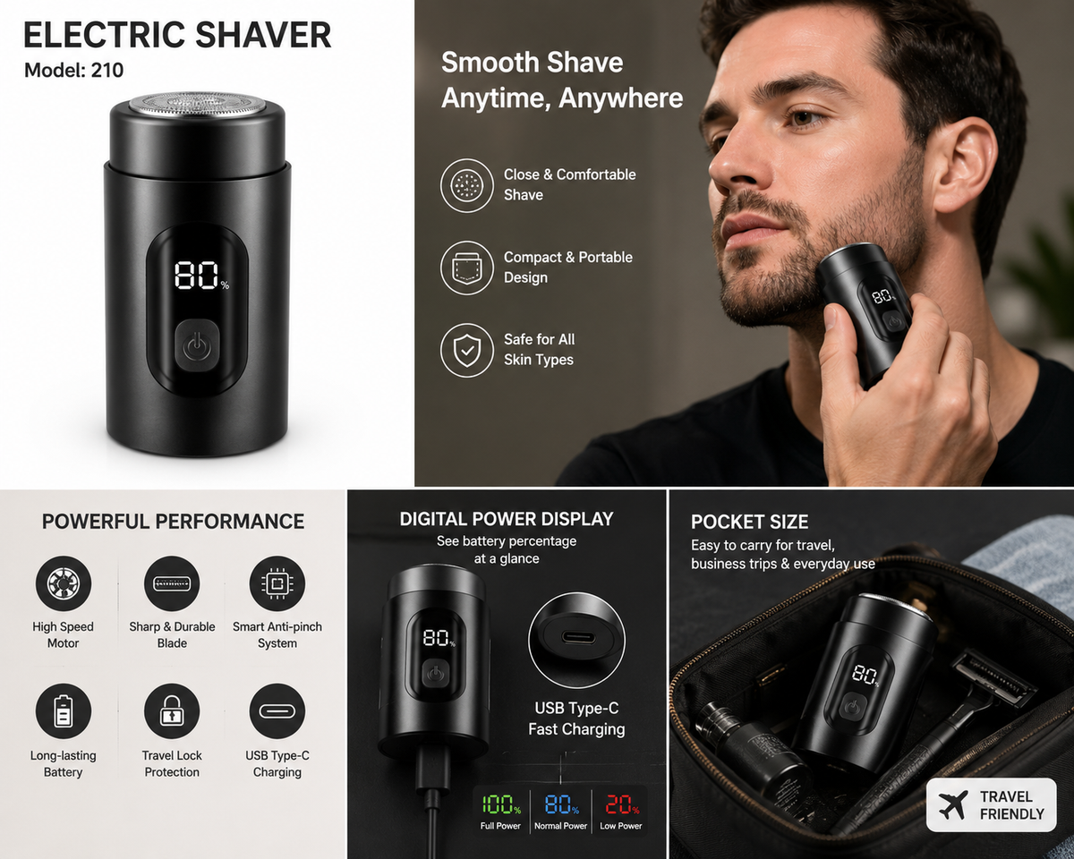 Pocket shaver with digital display, shown in use and packed for travel