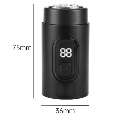 Compact black pocket shaver measuring 75 mm tall and 36 mm wide