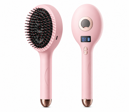 Pink electric massage spray comb shown from the bristle and control sides
