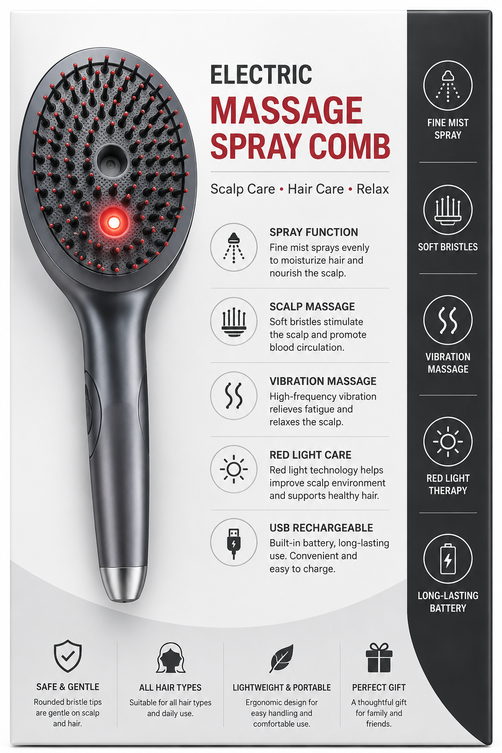 Black massage spray comb displayed on its product packaging