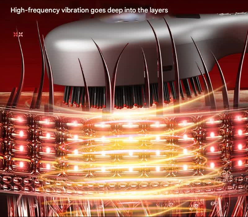 Massage comb bristles shown in close-up with a graphic of vibration waves