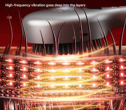 Massage comb bristles shown in close-up with a graphic of vibration waves