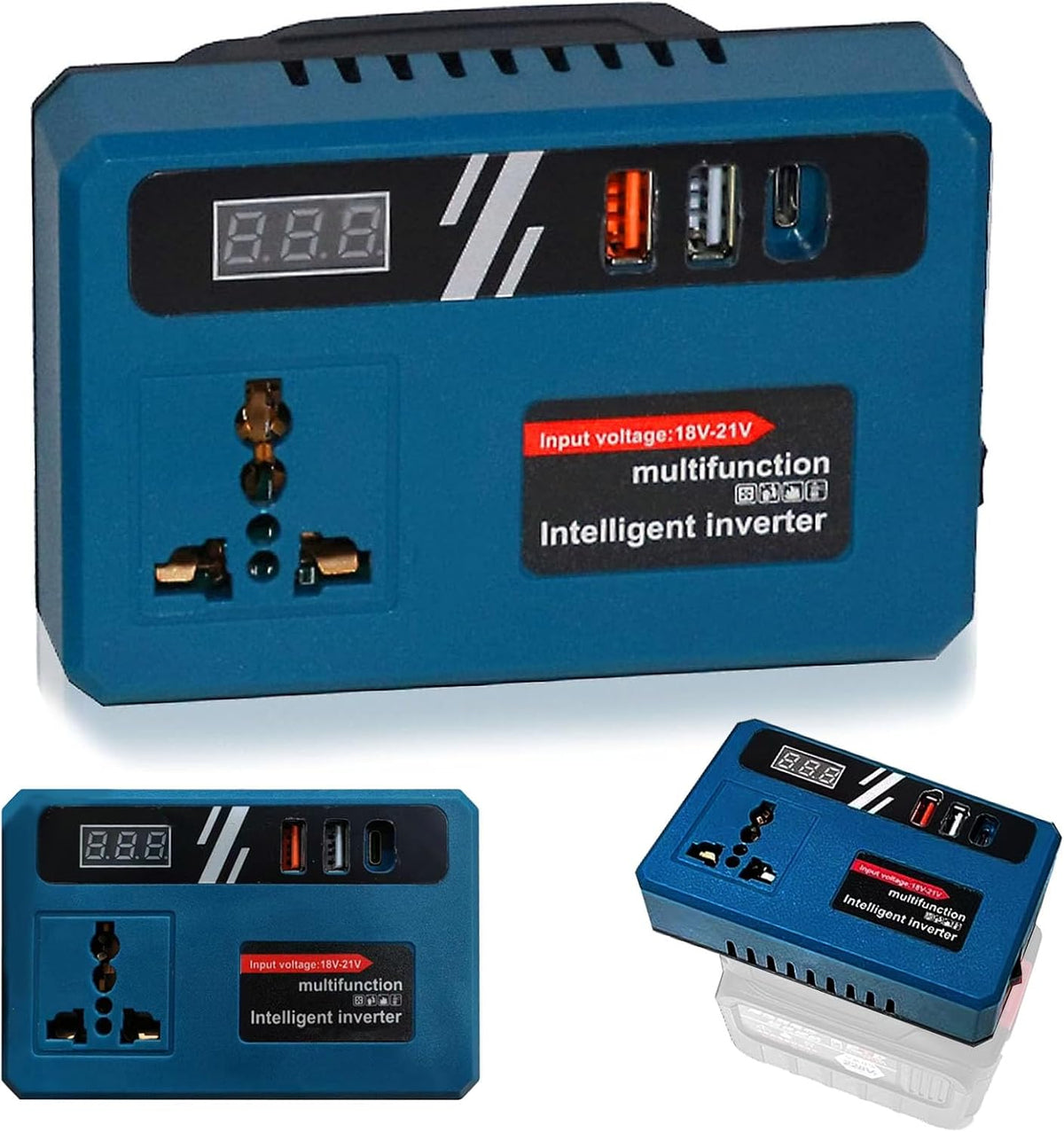 Blue multifunction power inverter with universal AC socket, digital display, USB and USB-C ports
