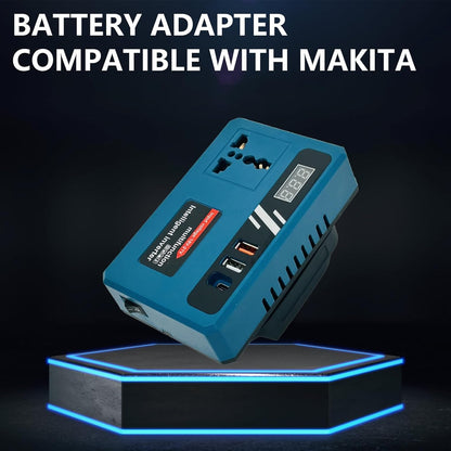 Blue Makita-compatible inverter adapter with universal outlet and USB ports