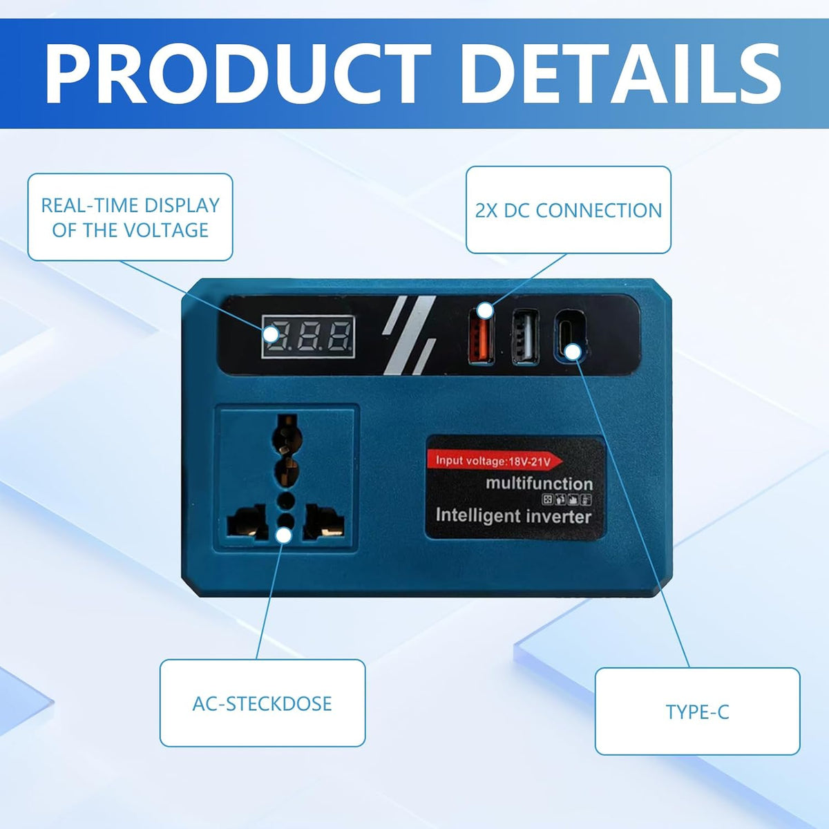 Blue inverter with digital voltage display, universal AC socket, USB ports and USB-C port