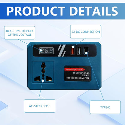 Blue inverter with digital voltage display, universal AC socket, USB ports and USB-C port