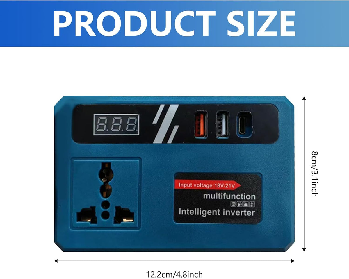 Blue power inverter with universal AC socket, display and USB ports; dimensions shown