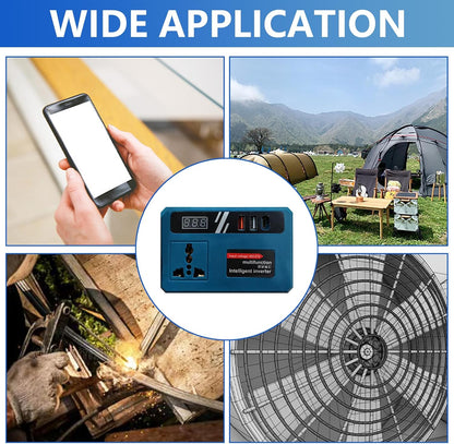 Blue inverter with universal outlet and USB ports, shown for phone, camping and tool use
