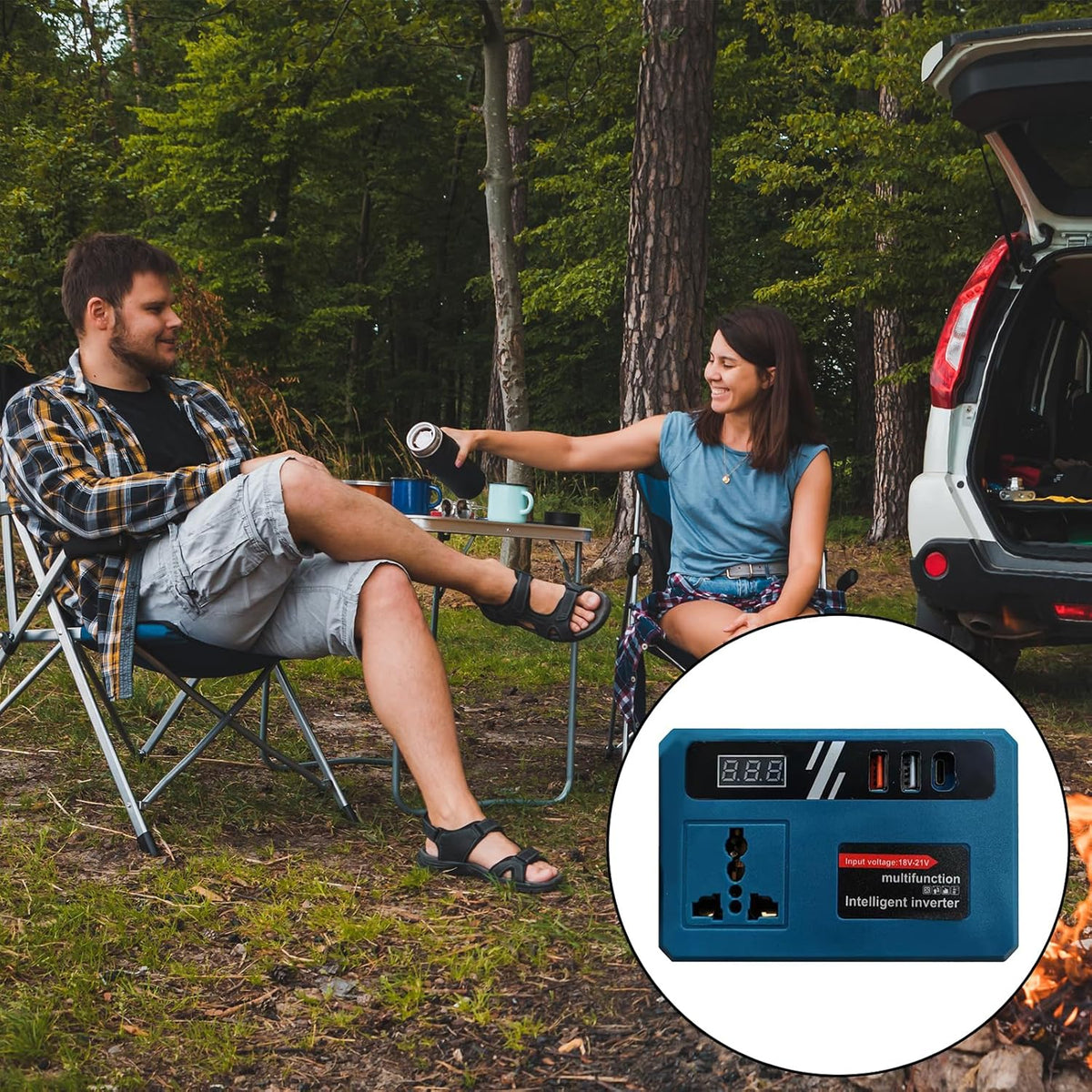 Blue power inverter with universal AC socket and USB ports, shown in a camping scene
