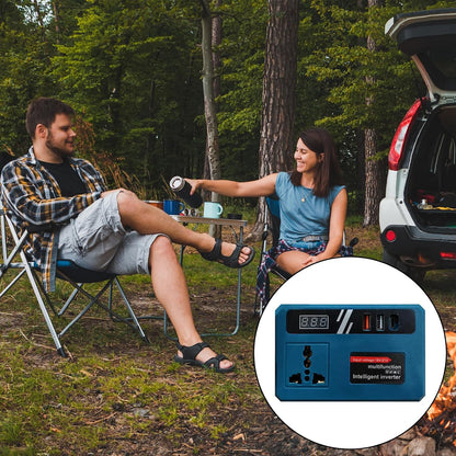 Blue power inverter with universal AC socket and USB ports, shown in a camping scene