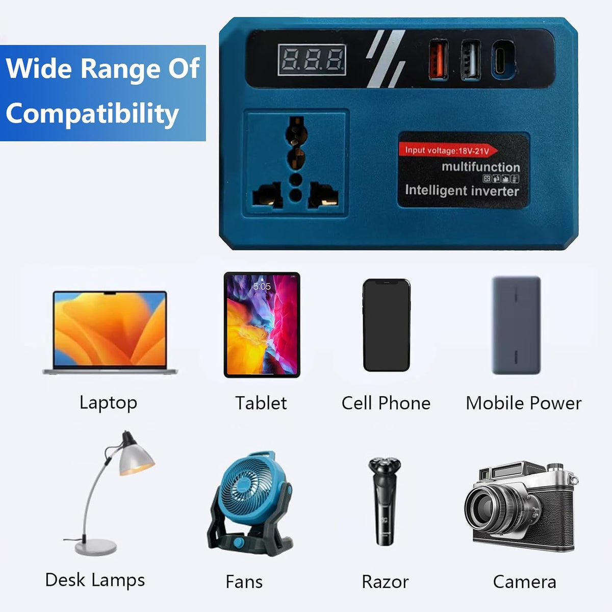 Blue inverter with AC socket, display and USB ports, shown with compatible devices