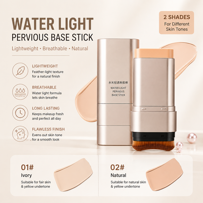 Water Light Base Stick Foundation with built-in brush, case, and two shade swatches