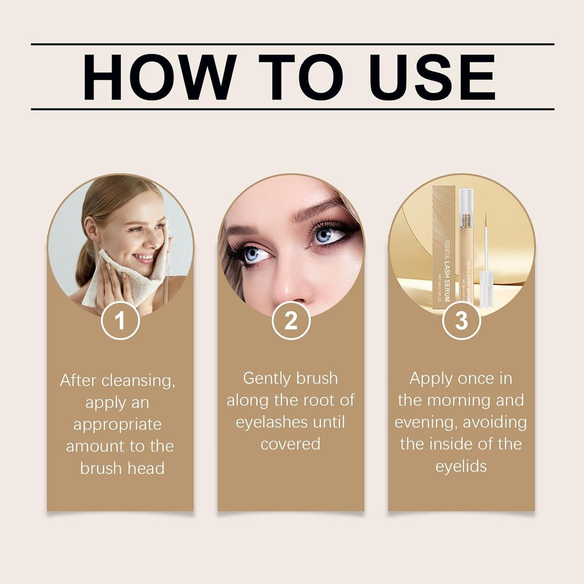 Lash serum application guide showing three steps for use