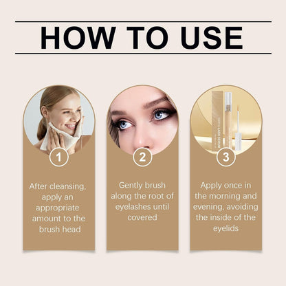 Lash serum application guide showing three steps for use