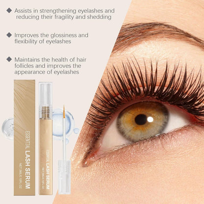 Lash serum box, tube, and brush applicator beside a close-up of long lashes