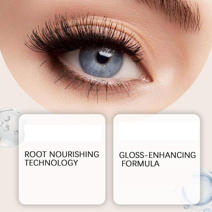 Lash serum benefits graphic featuring a close-up of an eye with long lashes