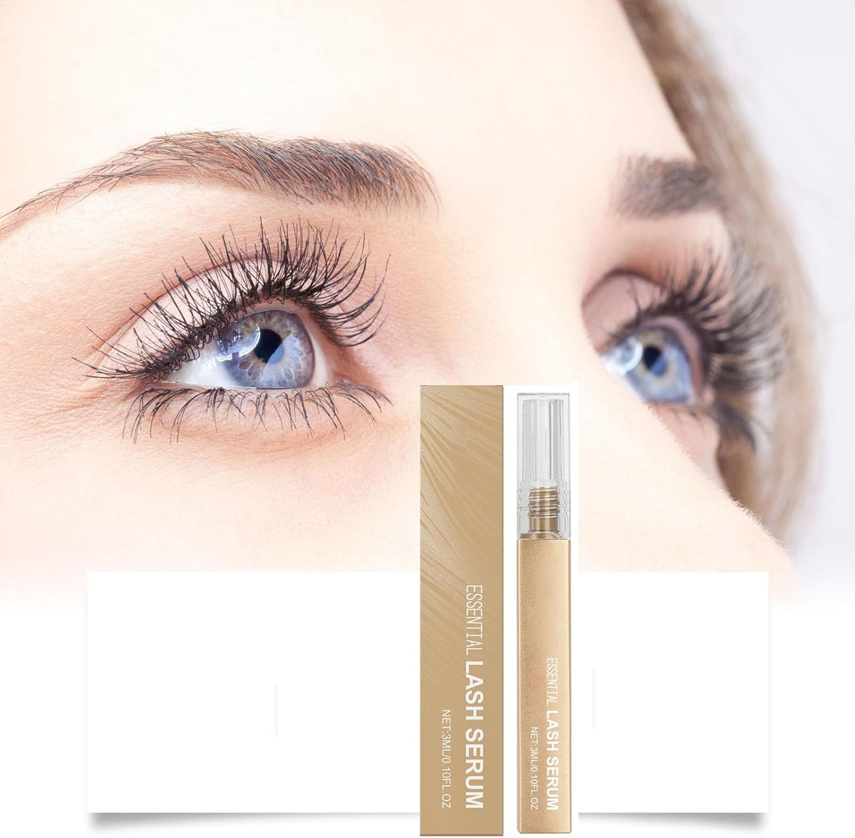 Lash serum box and tube displayed beside a close-up of blue eyes