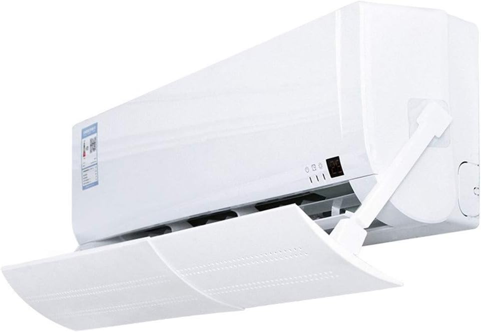 White adjustable air conditioner shield mounted below a wall unit, with curved deflector panel.