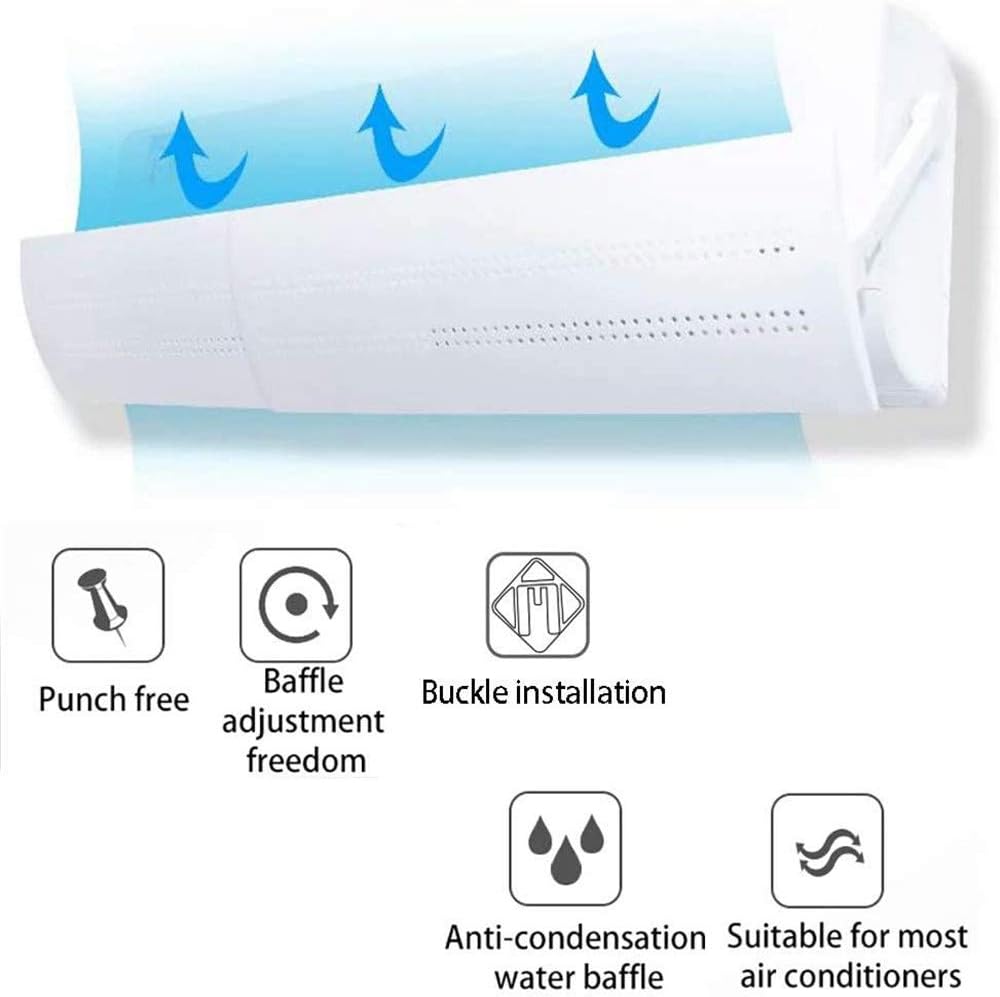 White air conditioner shield with perforated adjustable panel and mounting arm.