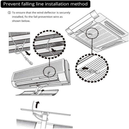 Air conditioner shield installation guide showing safety wire attachment.