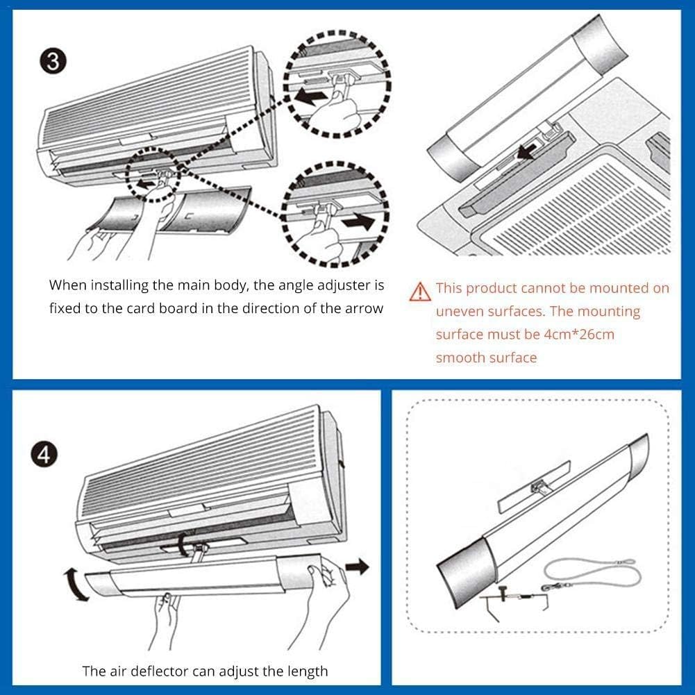 Air conditioner shield fitting diagrams show angle adjustment and extendable panel length.