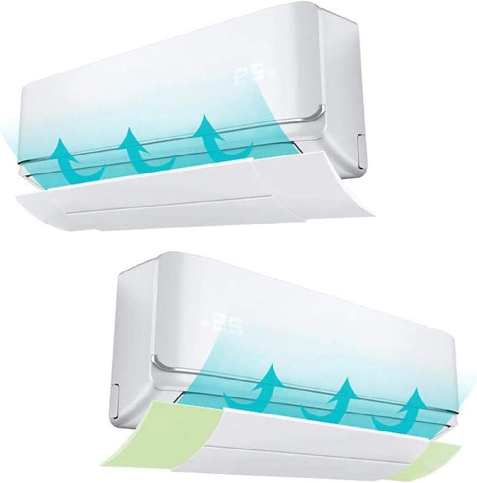 White air conditioner shield shown directing airflow upward in two views.