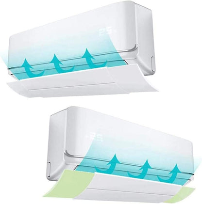 White air conditioner shield shown directing airflow upward in two views.