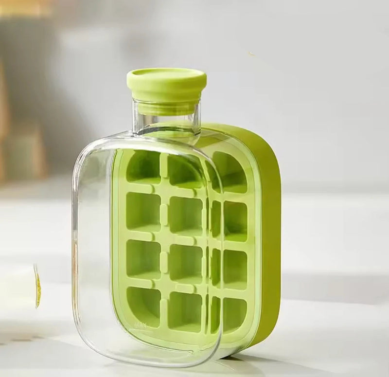 Ice cube tray bottle with lime-green silicone grid and clear outer container
