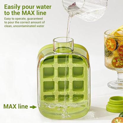 Ice cube tray bottle being filled with water to the marked maximum line