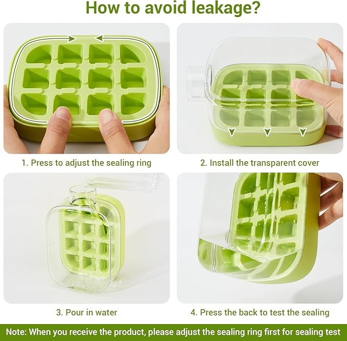 Ice cube tray bottle with instructions for adjusting the seal and fitting the clear cover