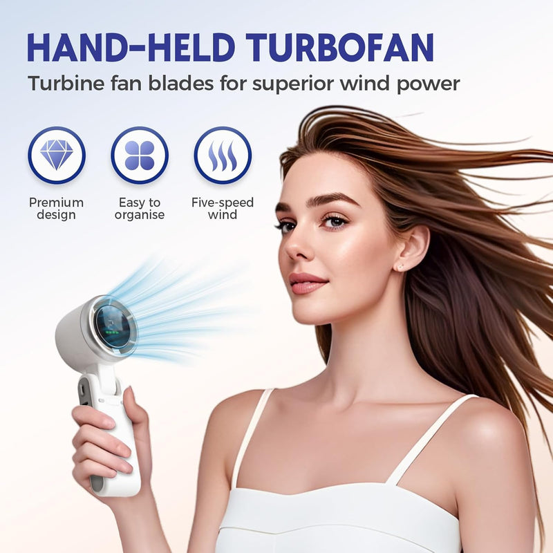 White handheld portable turbo fan held upright, with a round digital display and folding handle