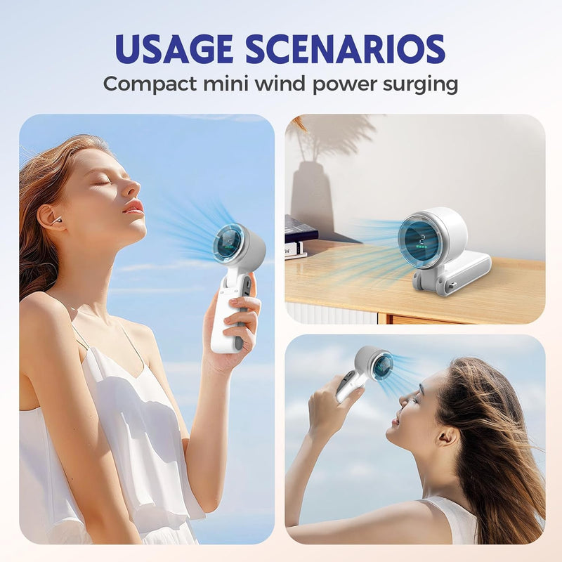 White portable turbo fan shown handheld and folded upright for tabletop use
