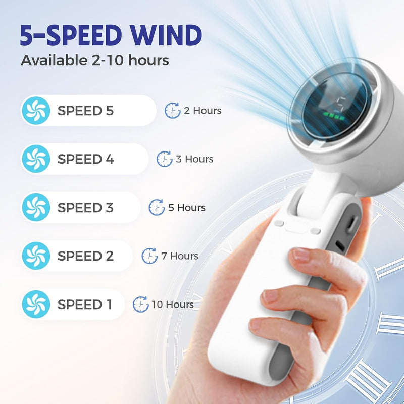 Handheld white turbo fan with digital display and five adjustable speed settings