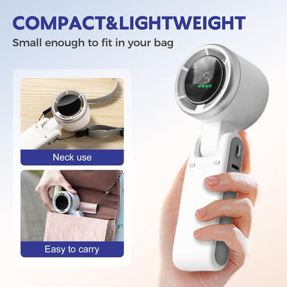 Compact white turbo fan with folding handle, shown fitting in a purse and worn on a neck strap