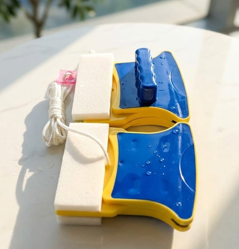 Double-sided magnetic glass cleaner with blue and yellow halves, white pads, and safety cord