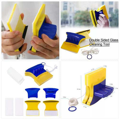 Double-sided magnetic glass cleaner shown in use, with replacement pads and size diagram