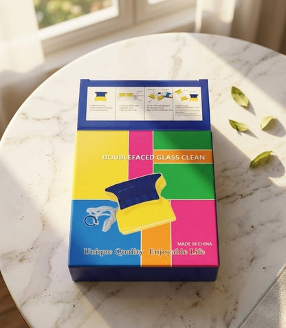 Double-sided magnetic glass cleaner pictured on its colorful retail box