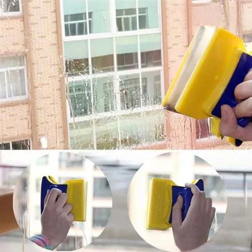 Double-sided magnetic glass cleaner used on a wet window from both sides
