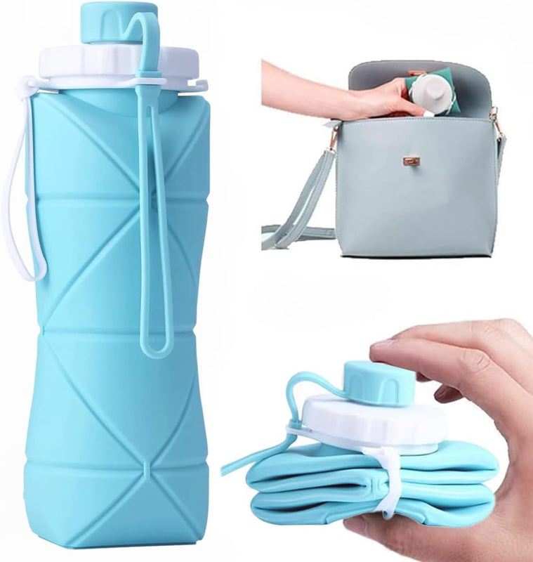 Blue collapsible silicone water bottle with white lid, carry loop, and folded form held in a hand