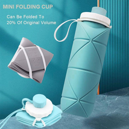 Blue silicone water bottle shown extended and folded, with a white lid and hanging loop