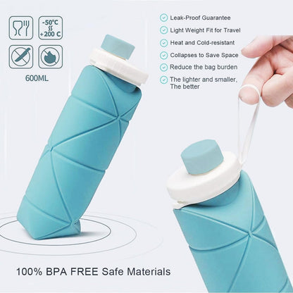 Blue folding water bottle with white lid and carry loop, shown upright and tilted
