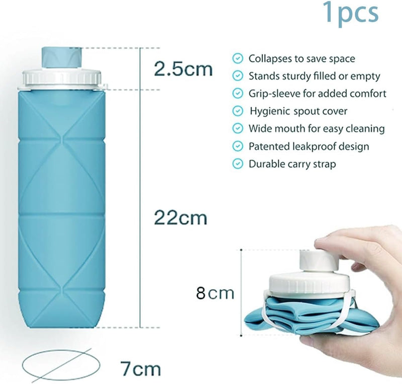 Blue collapsible water bottle with white lid and strap, shown full size and folded