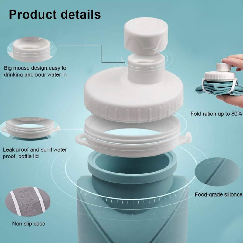 Exploded view of the folding bottle’s white lid, seal, and blue silicone body