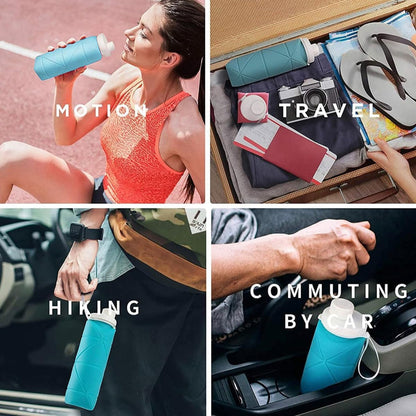 Blue collapsible water bottle carried during exercise, travel, hiking, and commuting