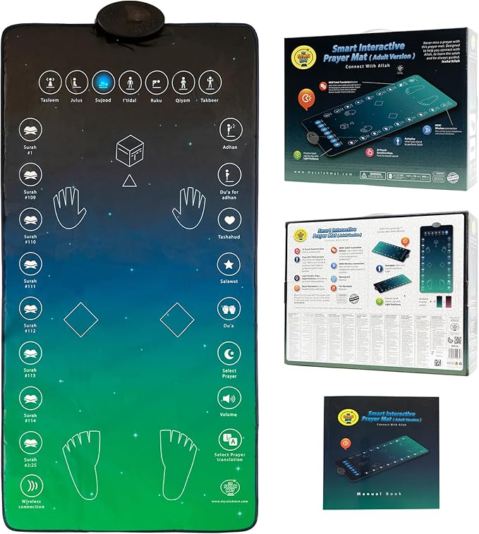 Interactive prayer mat with touch-sensitive prayer guides, speaker module, and printed hand and foot positions