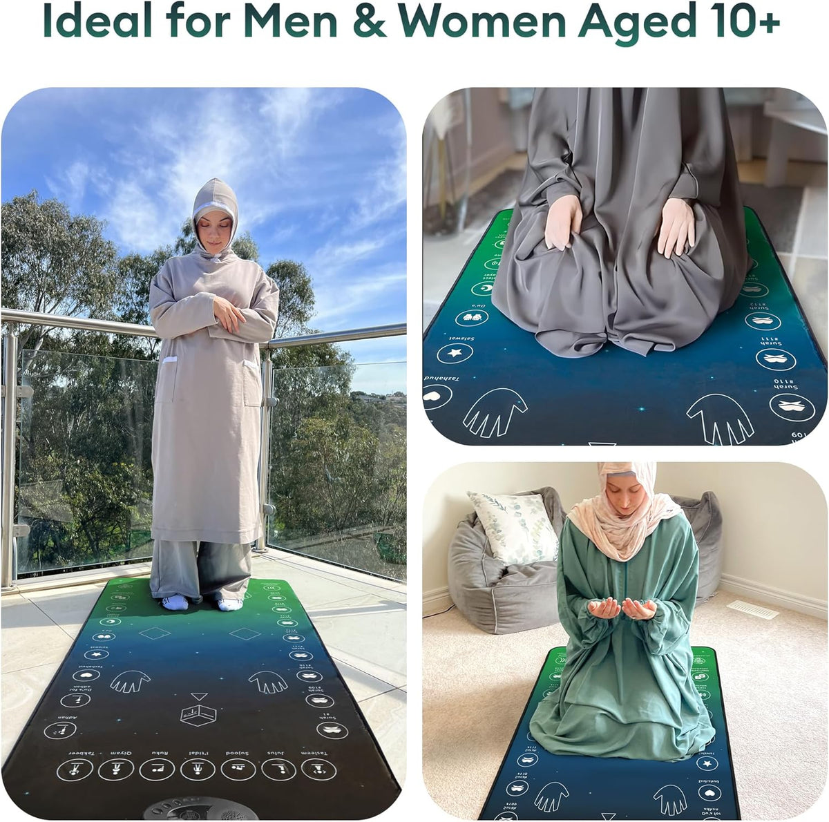 Interactive prayer mat shown in use for prayer, with touch controls and hand and foot guides